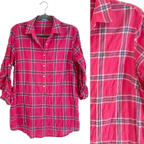 J. McLaughlin Pink plaid Long Sleeve Cotton blend Collar Shirt S - Picture 1 of 8